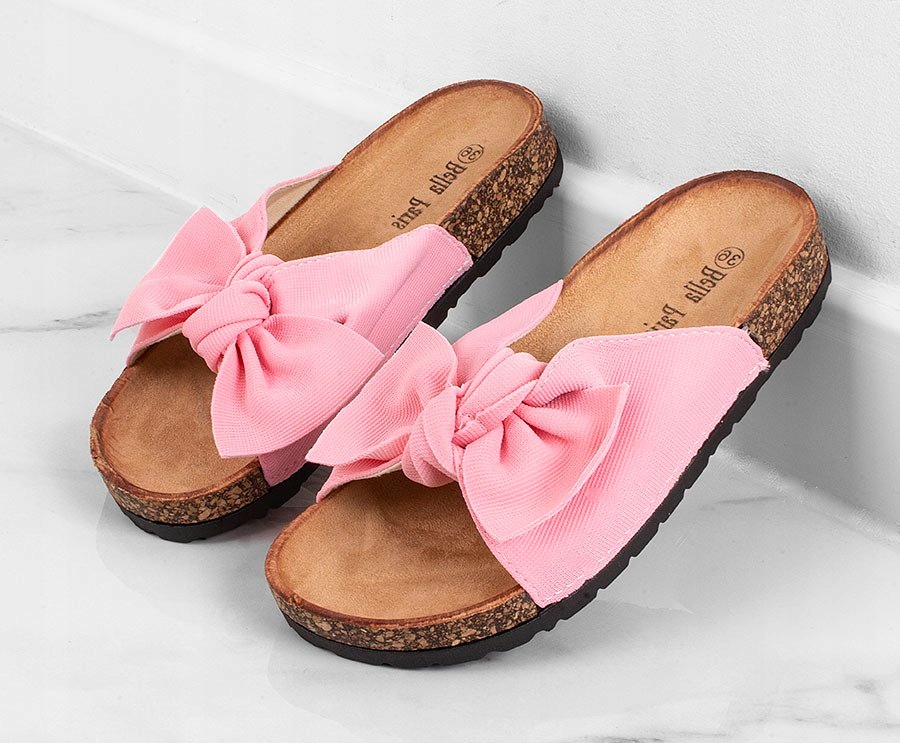4629 RÓŻOWE ZAMSZOWE KLAPKI Z KOKARDĄ NA KORKU 38 Rozmiar UK 5