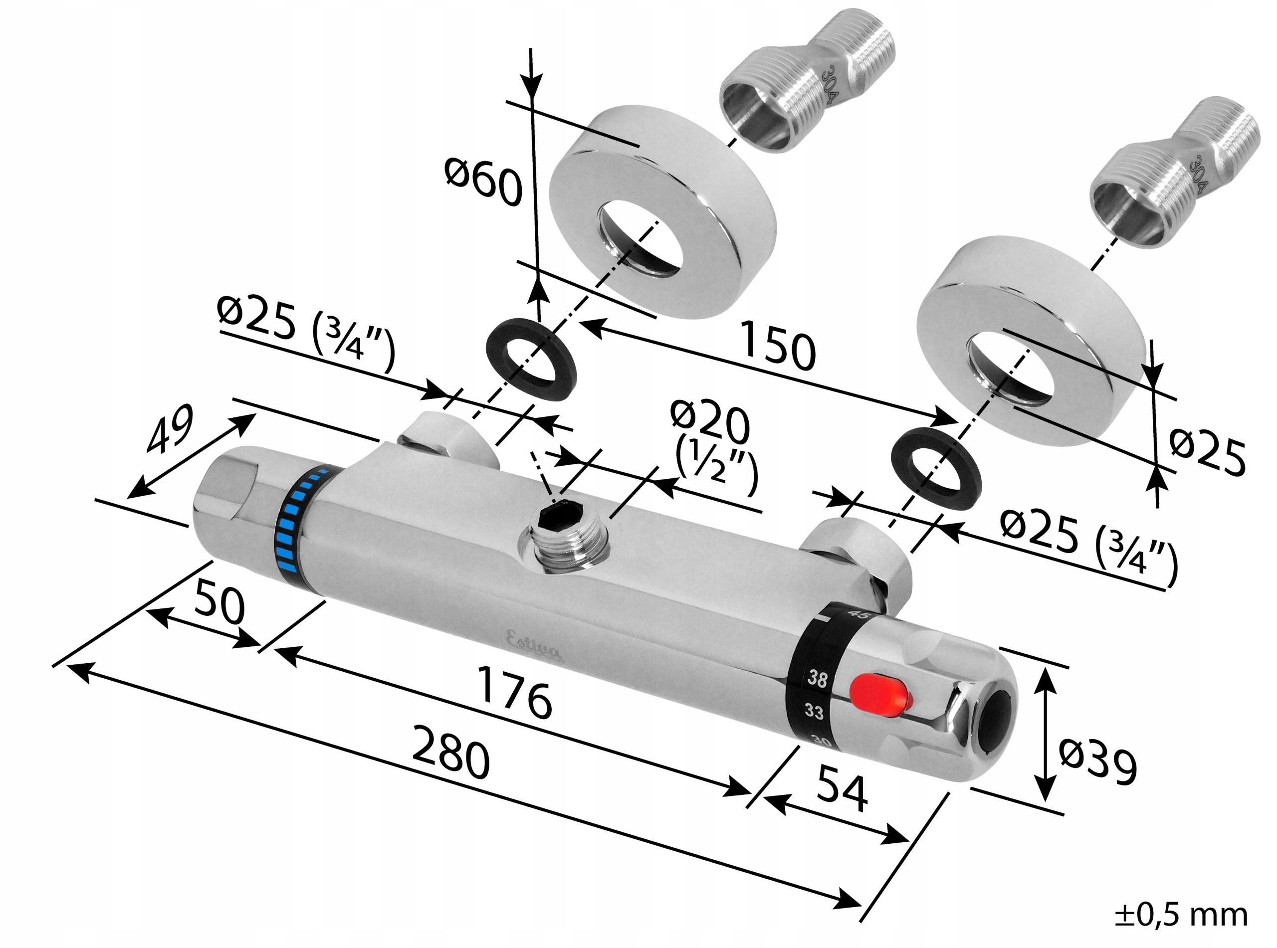 BATERIA TERMOSTATYCZNA PRYSZNICOWA NATRYSKOWA CHROM ŚCIENNA ESTIVA EAN (GTIN) 5901811584855