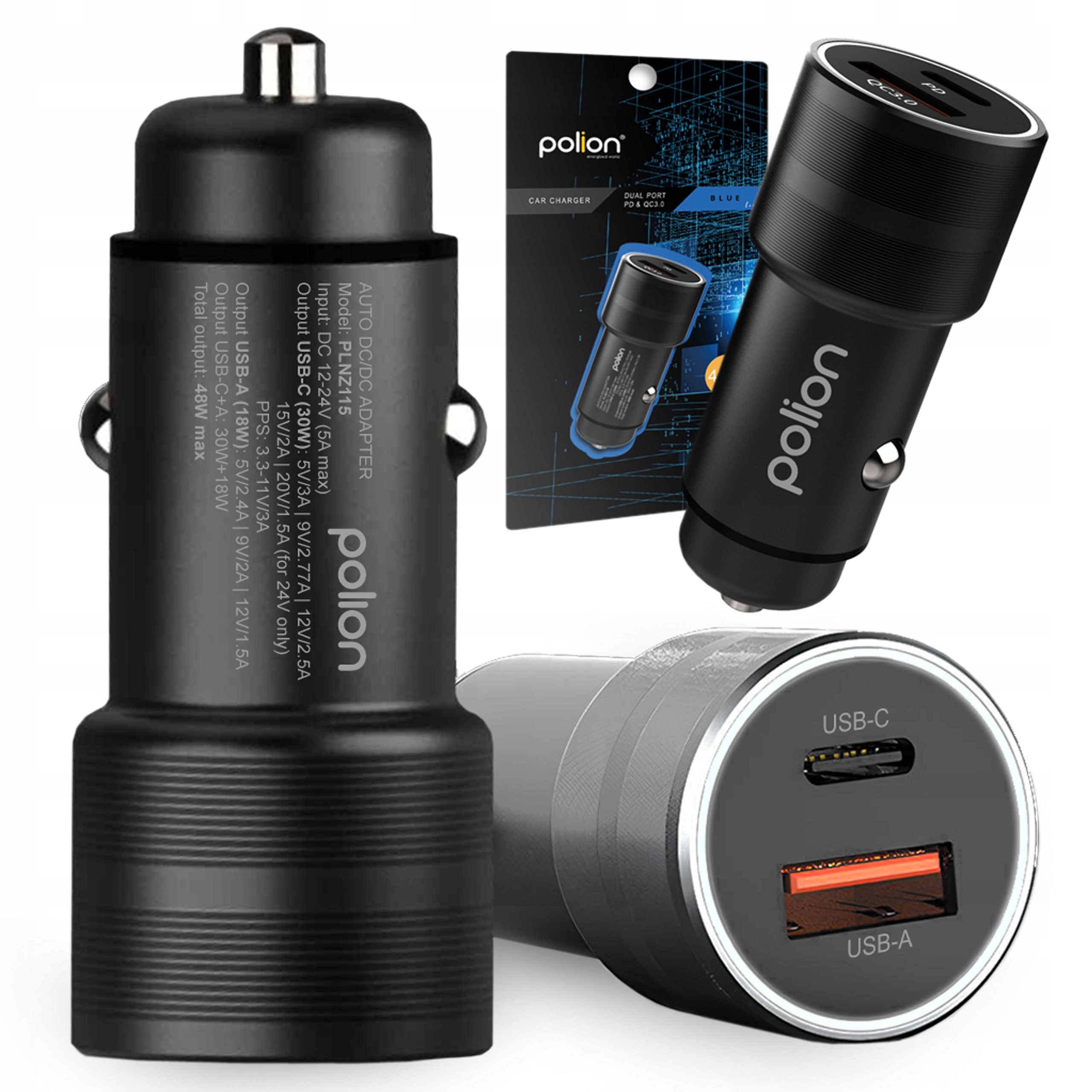 Szybka Ładowarka Samochodowa Usb-c Usb-a 48W 3A QC3.0 Pd Polion do telefonu