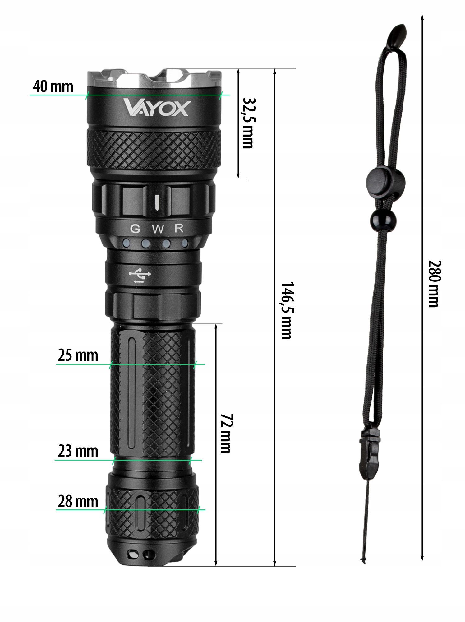 LATARKA LED TAKTYCZNA PRO KOLORY USB C BATON VAYOX Liczba trybów 9