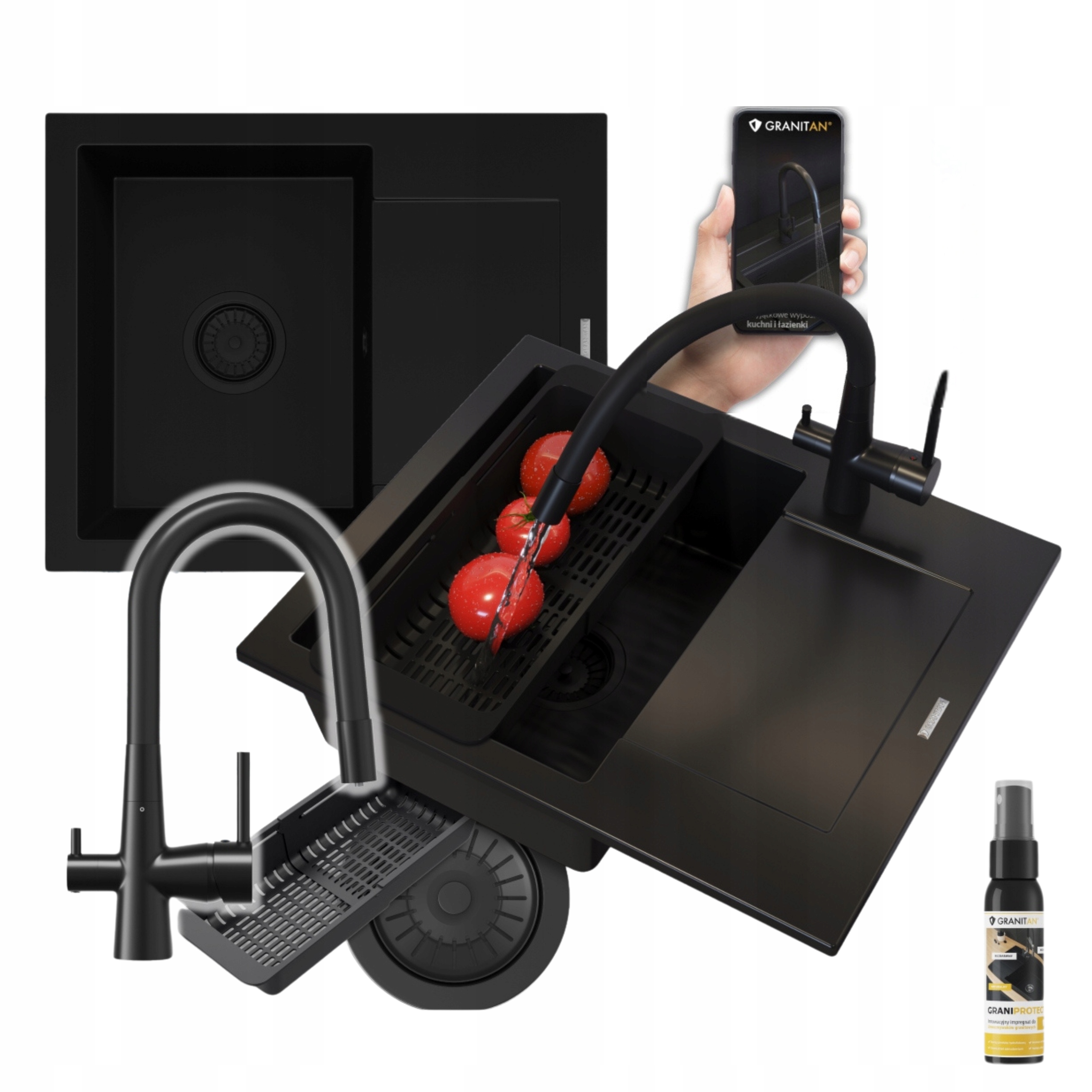 Granitový Drez Bello Set čierny Drez s trojcestnou batériou 4v1