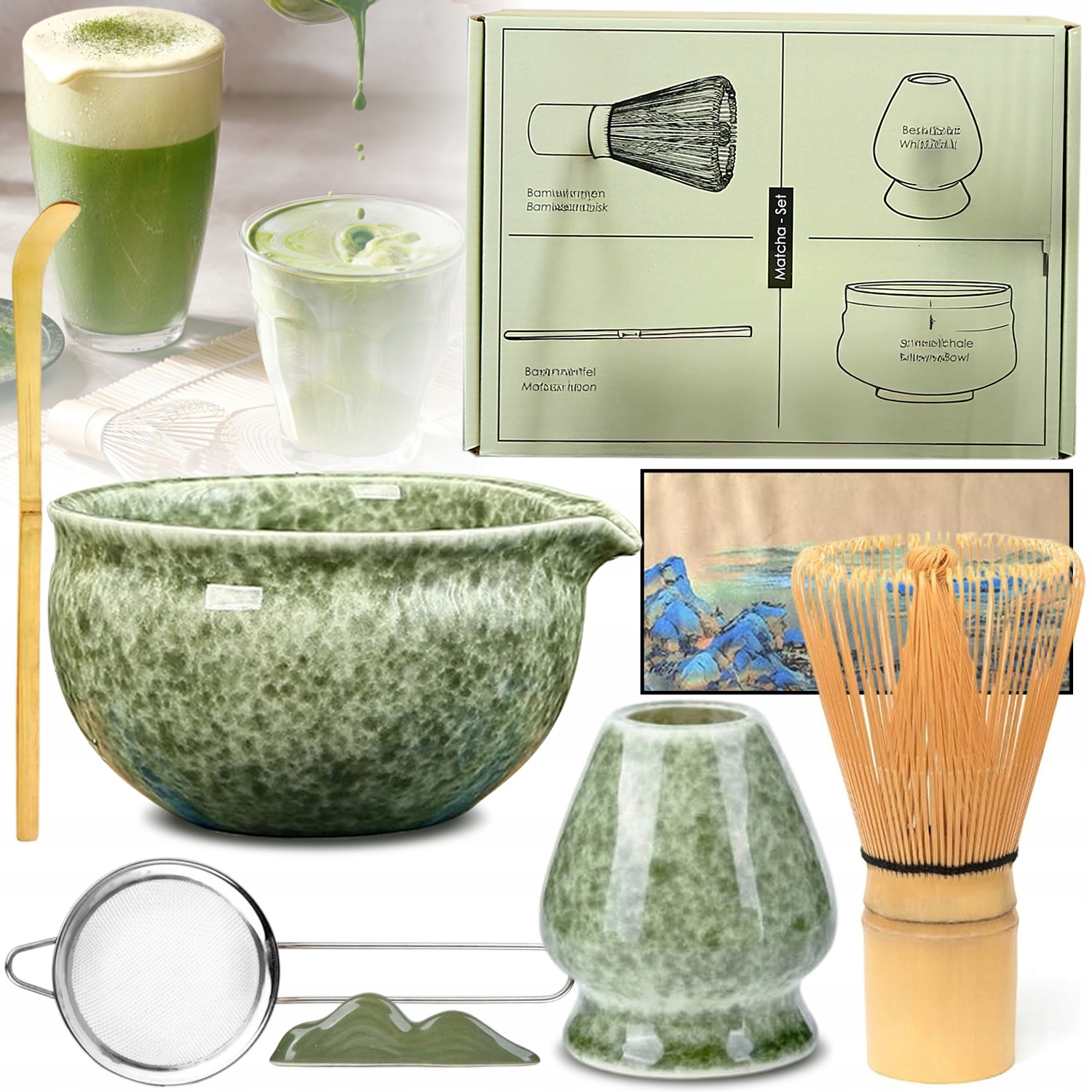 Zestaw Narzędzi Do Przygotowywania Matchy Z Miską Trzepaczką Sitkiem Łyżką