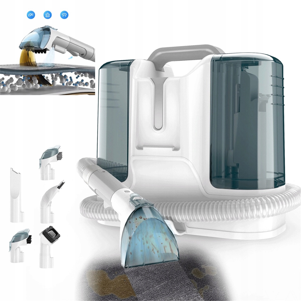 Elektryczna Myjka 1800ml 600ml 6 Głowic Mocna do Sof Dywanów i Łóżek