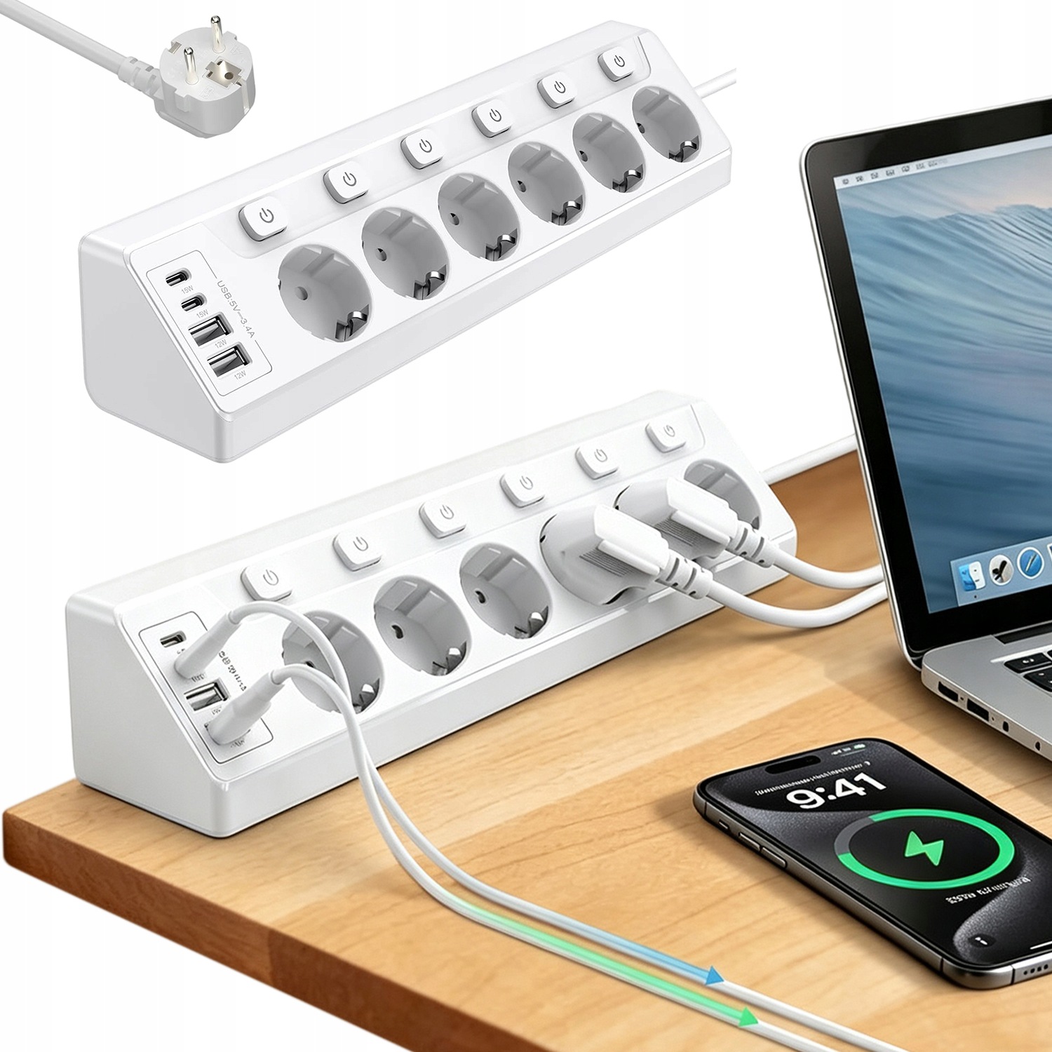 Zásuvková Lišta – 6 Zásuvek, Usb-c, Usb-a, 6 Vypínačů, 2 M