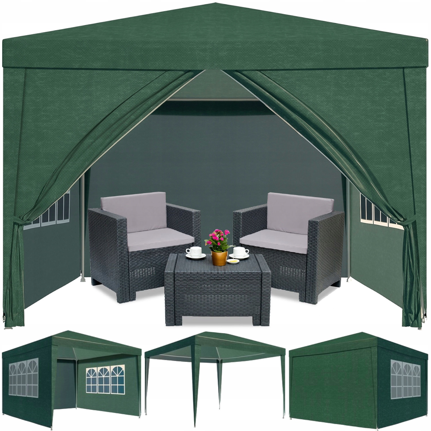 Namiot pawilon Ogrodowy 3X3 M Imprezowy Handlowy Altana 4 Ścianki Okna UV50