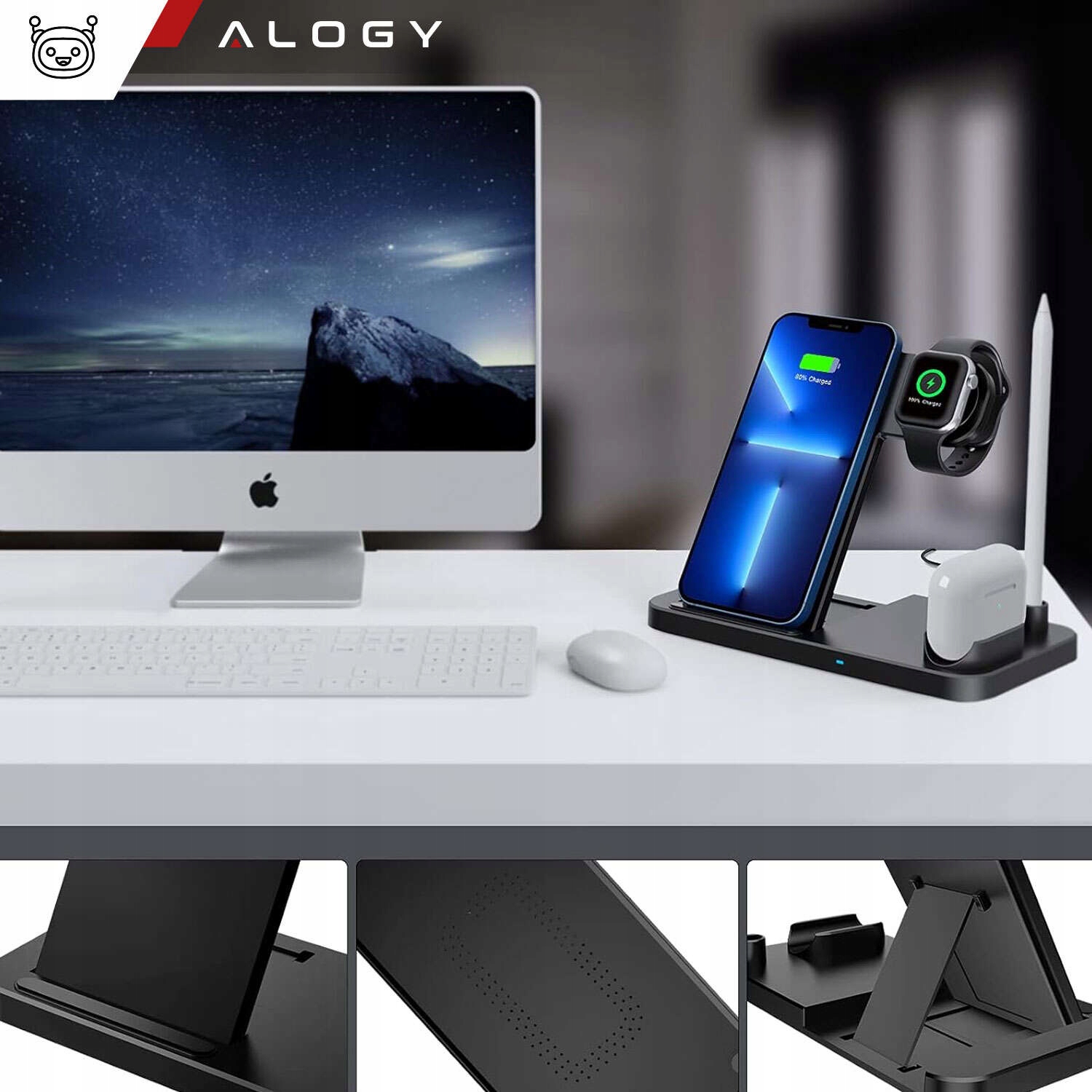 ŁADOWARKA INDUKCYJNA BEZPRZEWODOWA 4w1 do APPLE WATCH/ AIRPODS/ IPHONE/PEN Długość przewodu 1.2 m