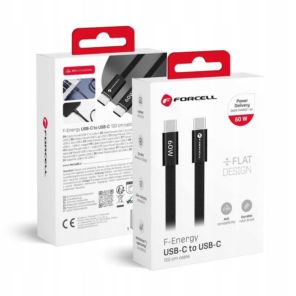 Kabel USB C do USB C Forcell F-Energy QC4.0 PD 3A 60W Cafule Flat 1,2 m CCF