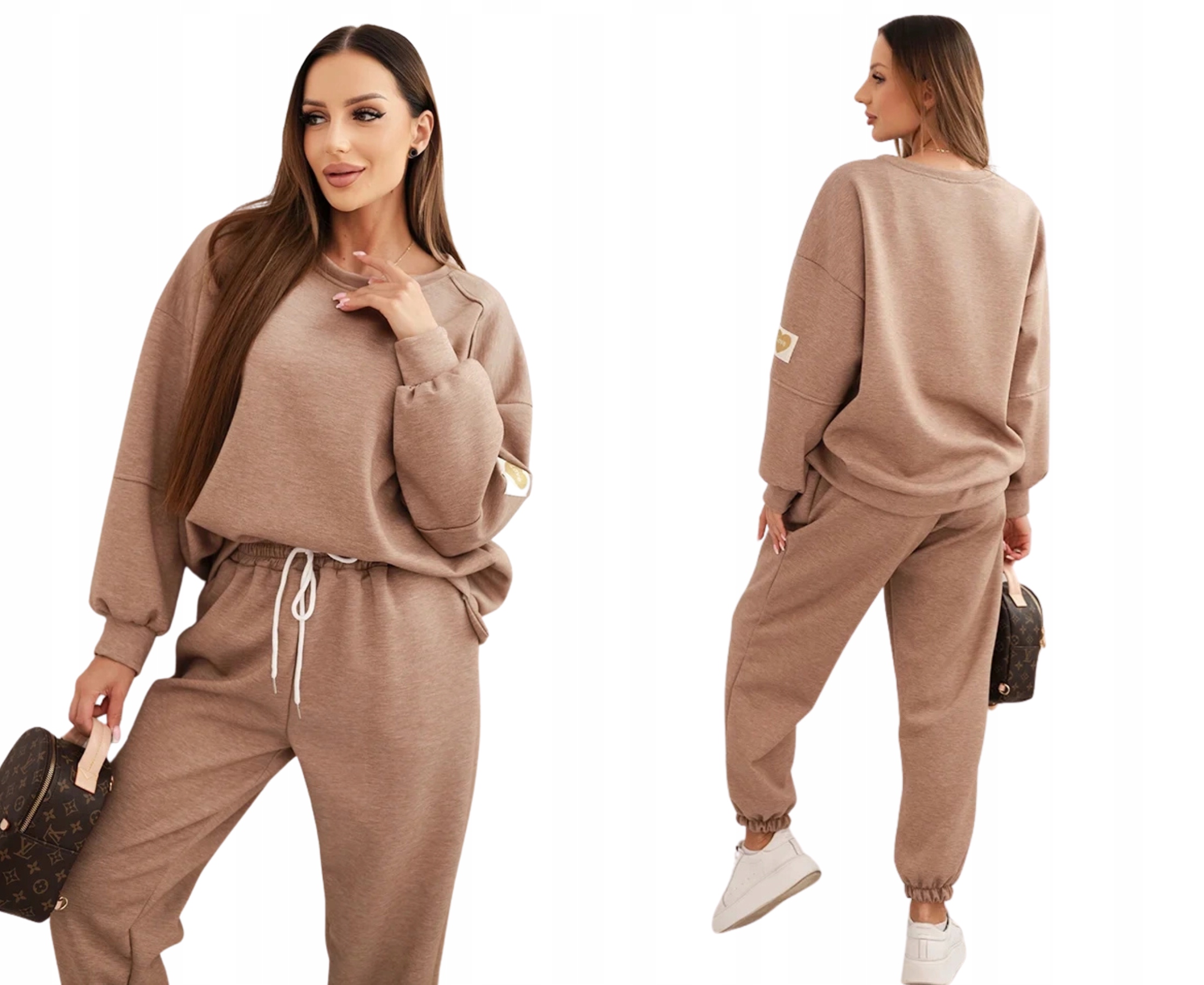 Camelový melírový dámský máslový komplet s mikinou a kalhotami s nápisem Love