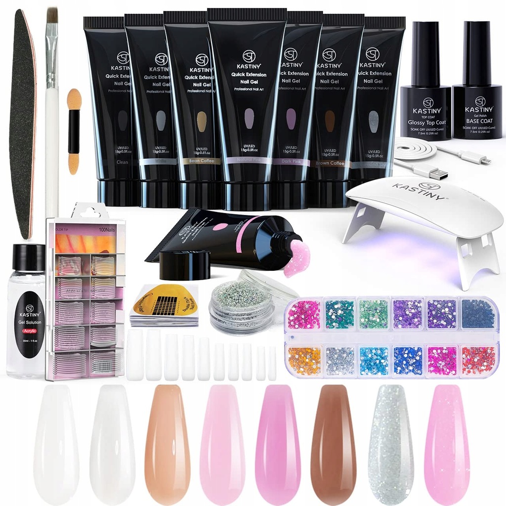 Kastiny Poly Gel Sada pro prodlužování nehtů s Uv lampou 8 barev