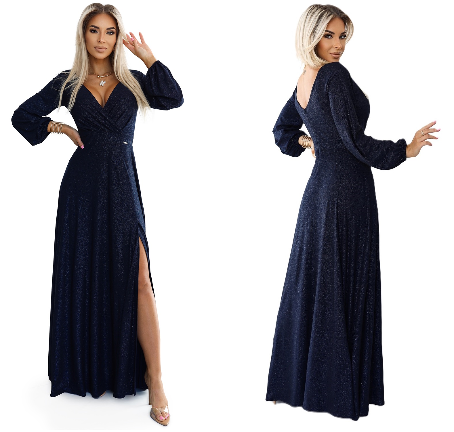 Lesklá Dlouhá Sukně S Hlubokým Výstřihem A Výstřihem, Tmavě Modrá