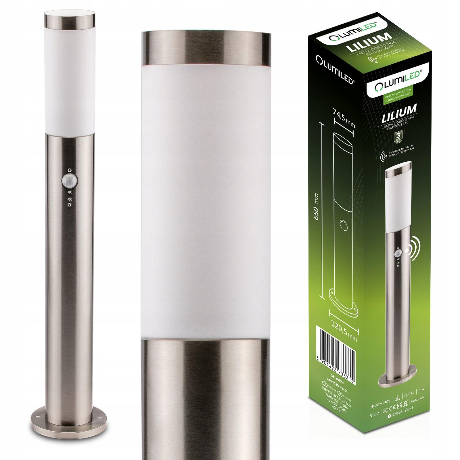 Lampa Ogrodowa Zewnętrzna E27 Inox Słupek 65cm z Czujnikiem Ruchu Lilium Lu