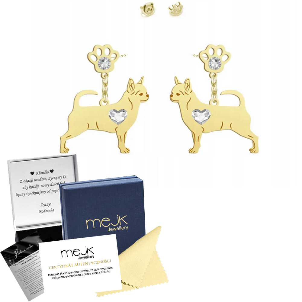 Náušnice Zlaté s psem Chihuahua Krátkosrstá 925 Dárek Gravírování Bonus