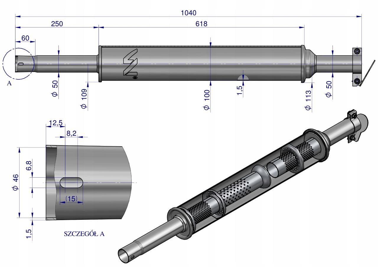 Tłumik okrągły 1040 mm 5kg C-360 (prosty) INOX WARYŃSKI Producent części Waryński