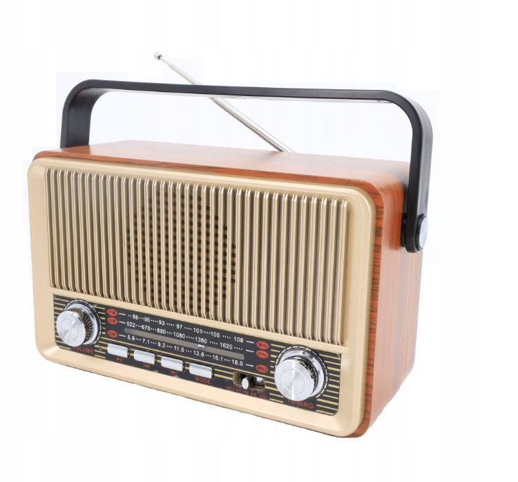 MK-622 Przenośne drewniane Radio Retro Bluetooth FM AM akumulator USB pilot Wysokość produktu 20 cm