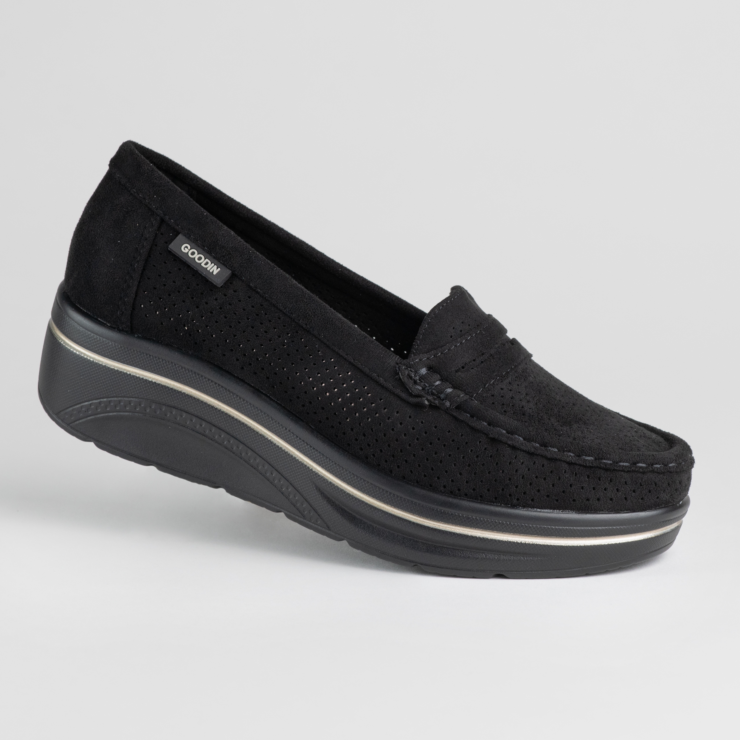 Dámské kožené mokasíny Goodin GD-FL6076 černé, lehké, klasické, semišové, 36