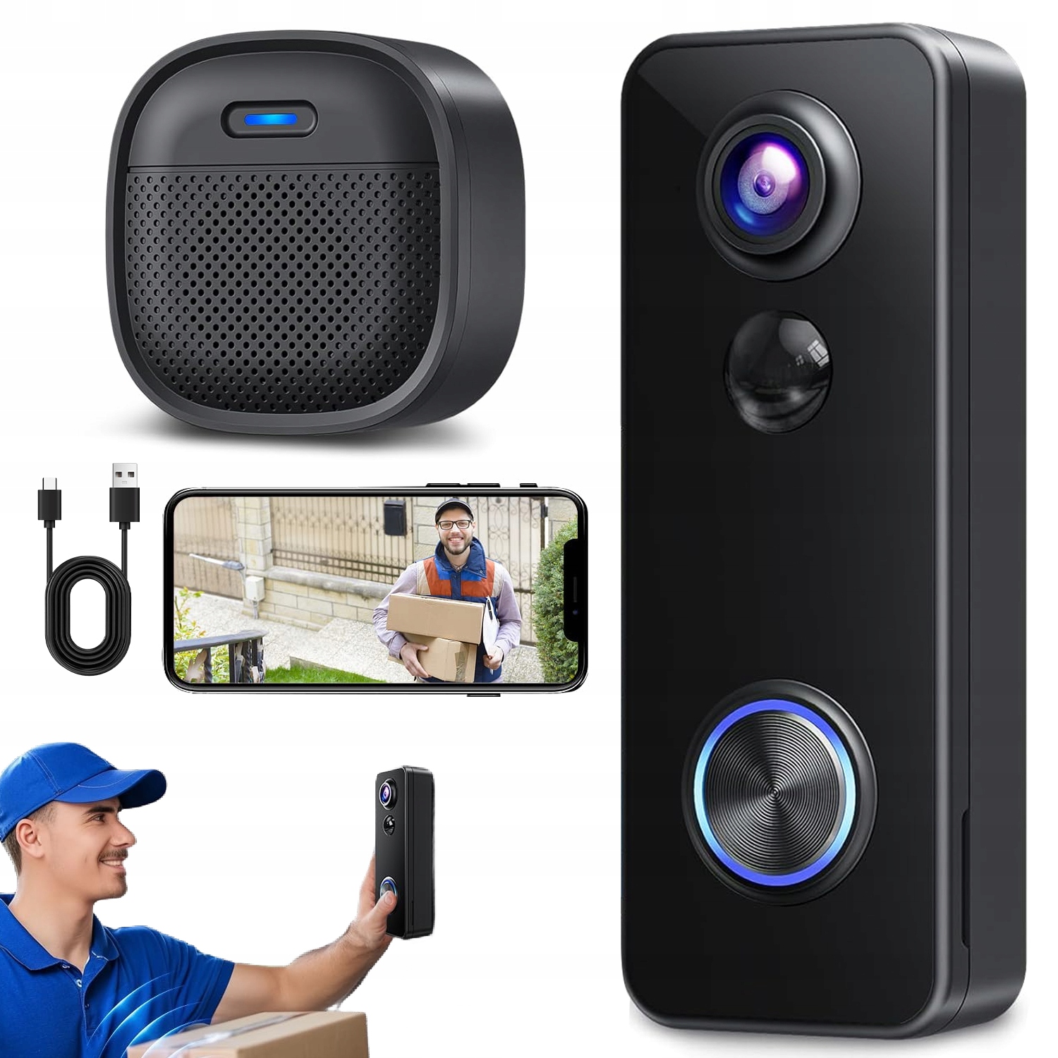 Inteligentní Dveřní Zvonek S 2K Kamerou, Panoramatický Senzor Ai, Černý