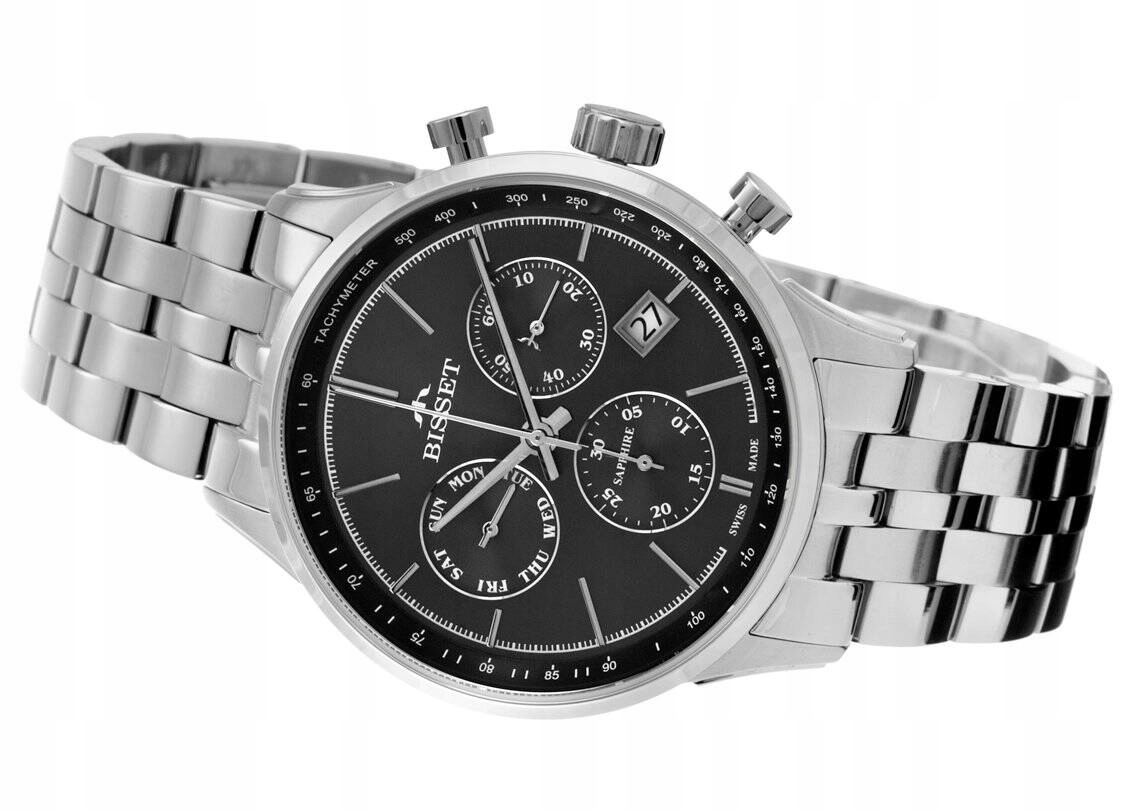 Elegantní Stříbrné Pánské Švýcarské Hodinky Bisset BSDF60 Chronograf
