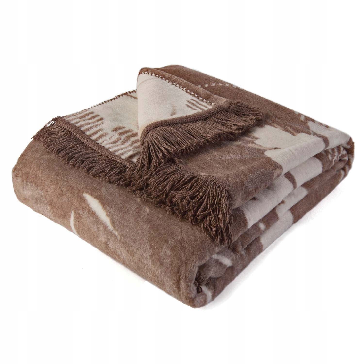 Bavlněno-akrylová deka 150x200 hnědá krémová s botanickými třásněmi