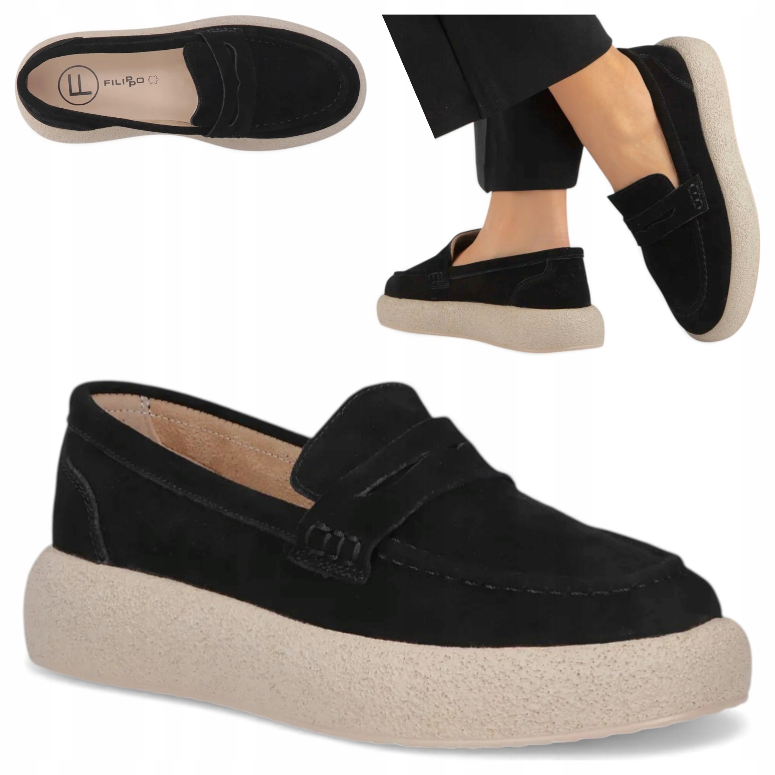 Skórzane mokasyny damskie 39 Filippo Zamszowe Półbuty na Platformie Czarne