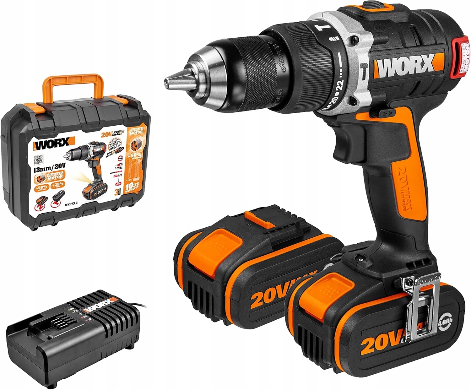 Worx Wiertarka udarowa bezszczotkowa 20 V WX373.3 walizka dwie baterie