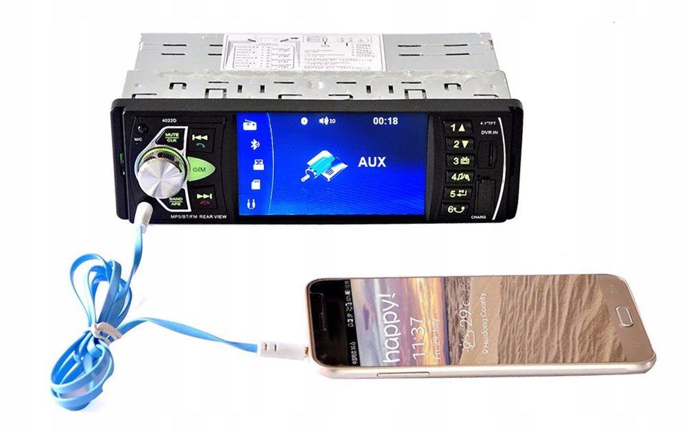 RADIO SAMOCHODOWE 1DIN EKRAN 4,1 USB BLUETOOTH SD Złącza AUX minijack USB RCA Pre-out (przedwzmacniacz)