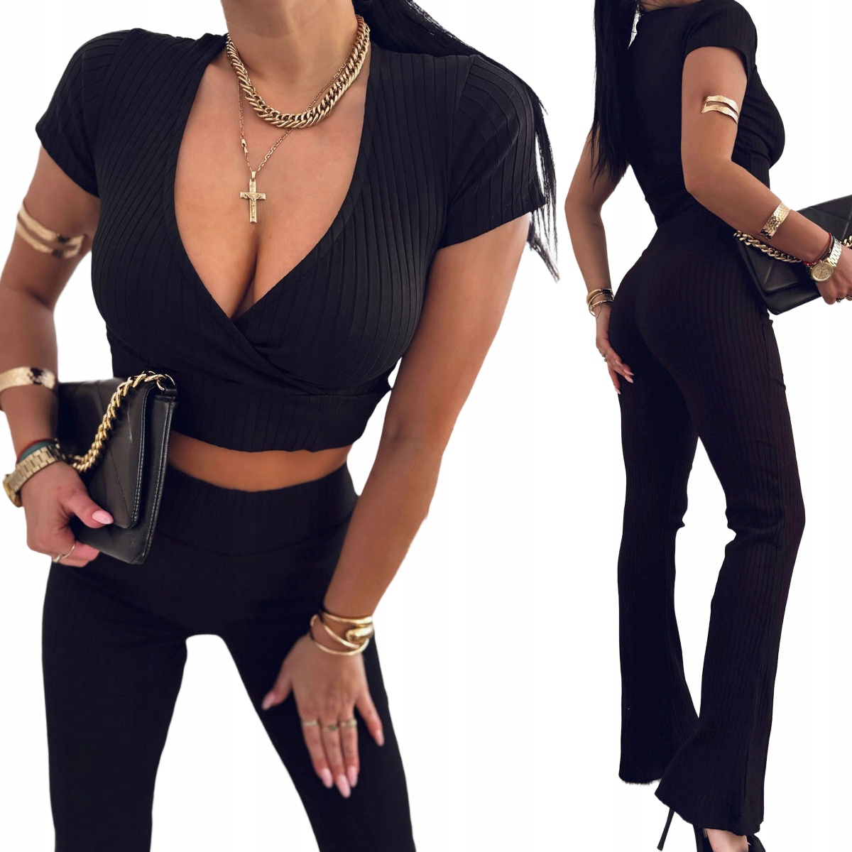 Komplet crop top s výstřihem legíny s rozšířenými nohavicemi M/L