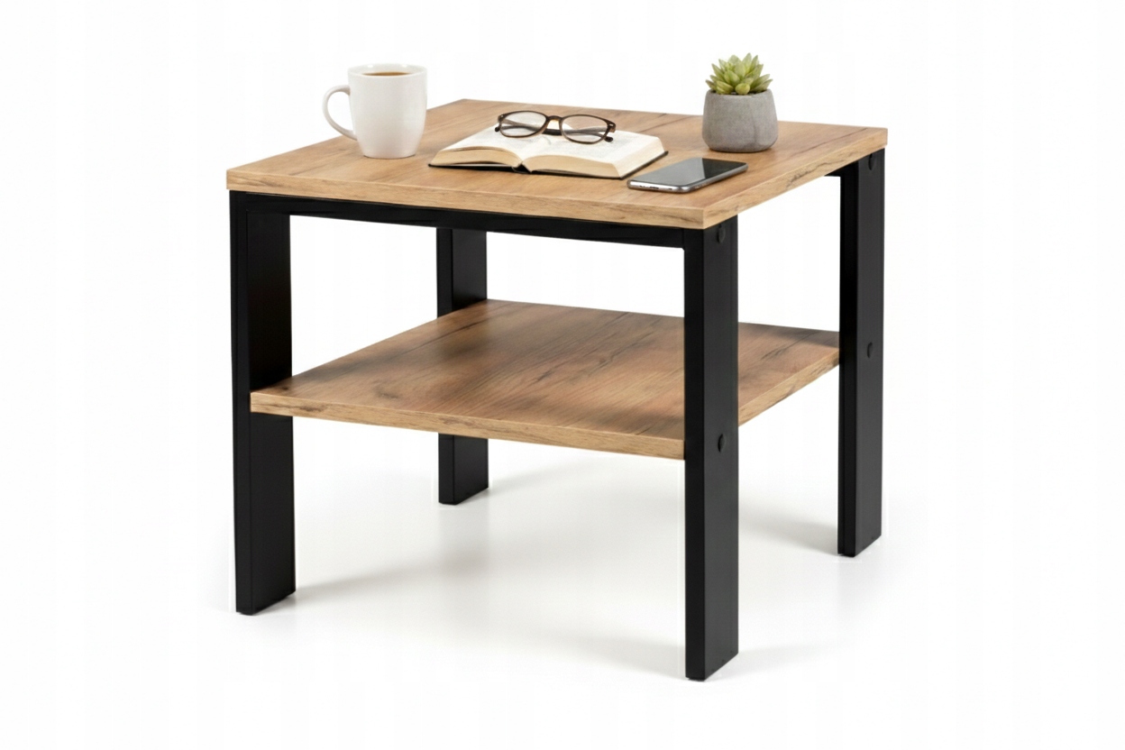 STOLIK KAWOWY LOFT INDUSTRIALNY DĄB ZŁOTY CRAFT CZARNY STELAŻ Z PÓŁKĄ ŁAWA