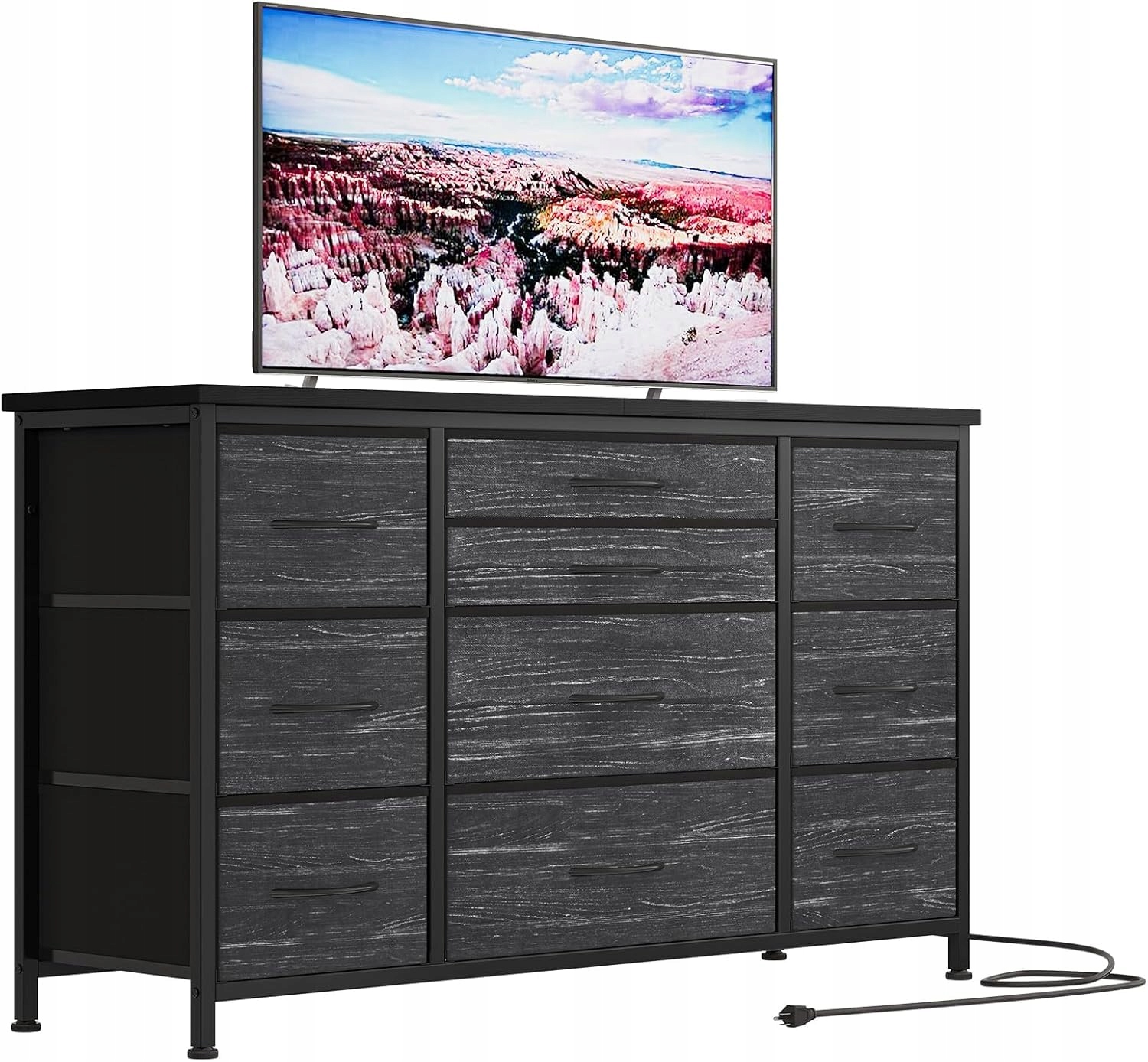 Tv Skříňka se zásuvkou, 10 zásuvek, Dřevěná horní deska, Kovový rám, Černá vrba