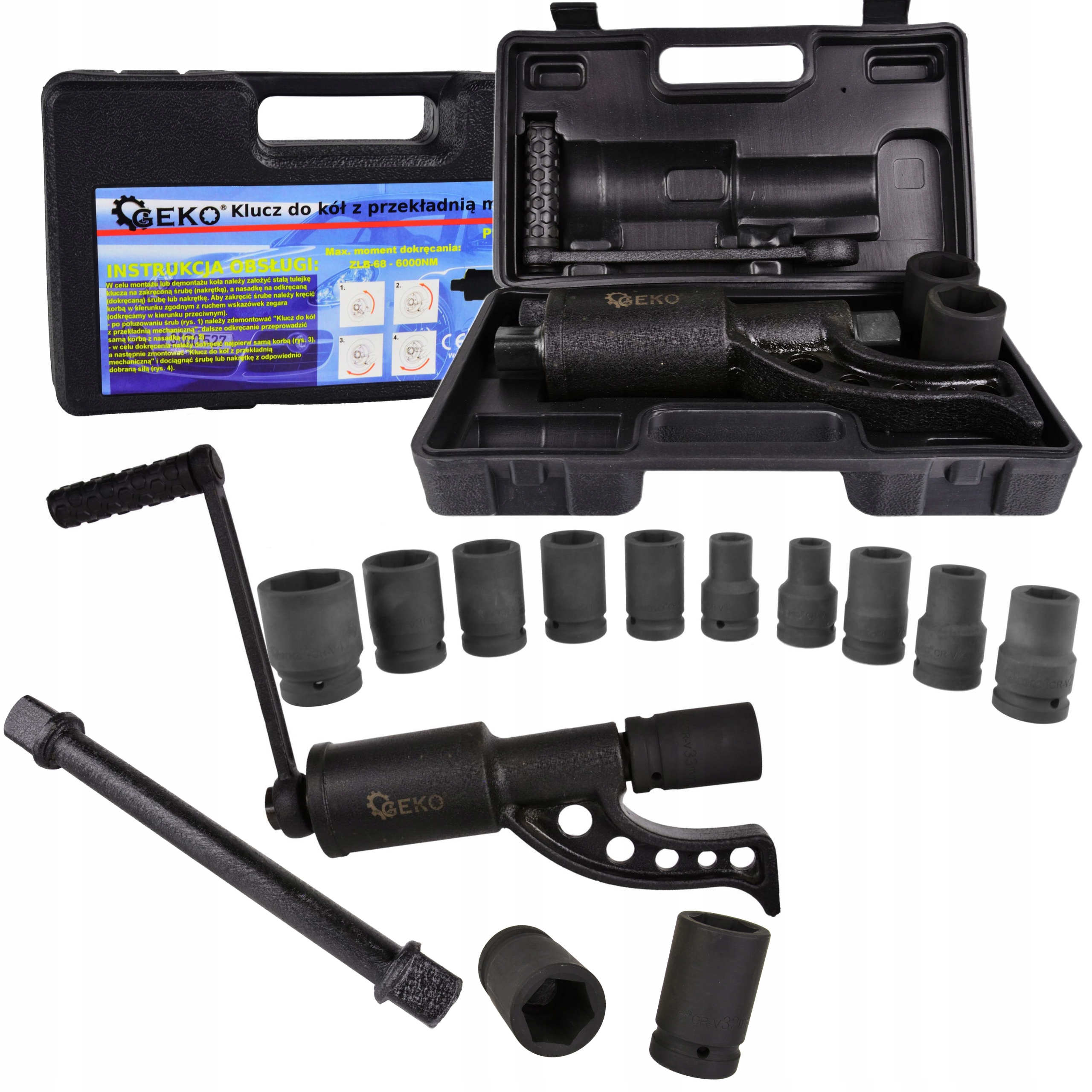 KLUCZ PRZEKŁADNIOWY DO KÓŁ 6000NM 1:58 WZMACNIACZ + NASADKI UDAROWE 1" 10el