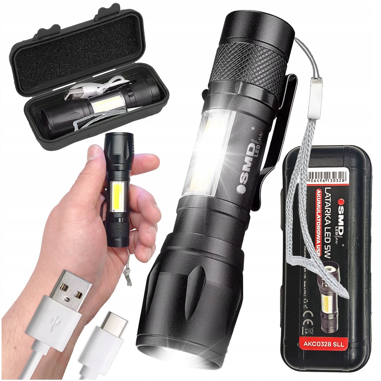 Latarka taktyczna Led zoom klips boczny reflektor Cob akumulatorowa Usb 5W