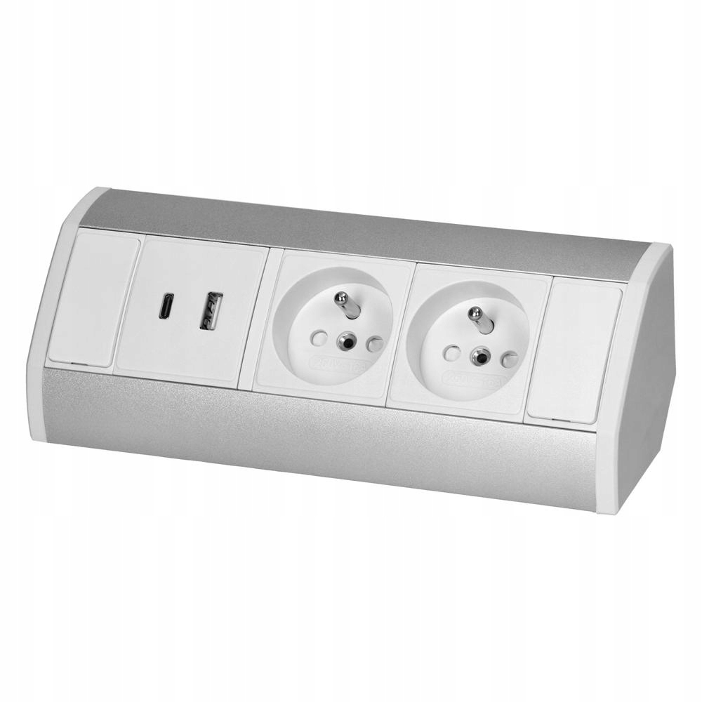 Nábytková zásuvka 2x2P+Z, 2xUSB (typ A+c; 2,4A), bílo-stříbrná