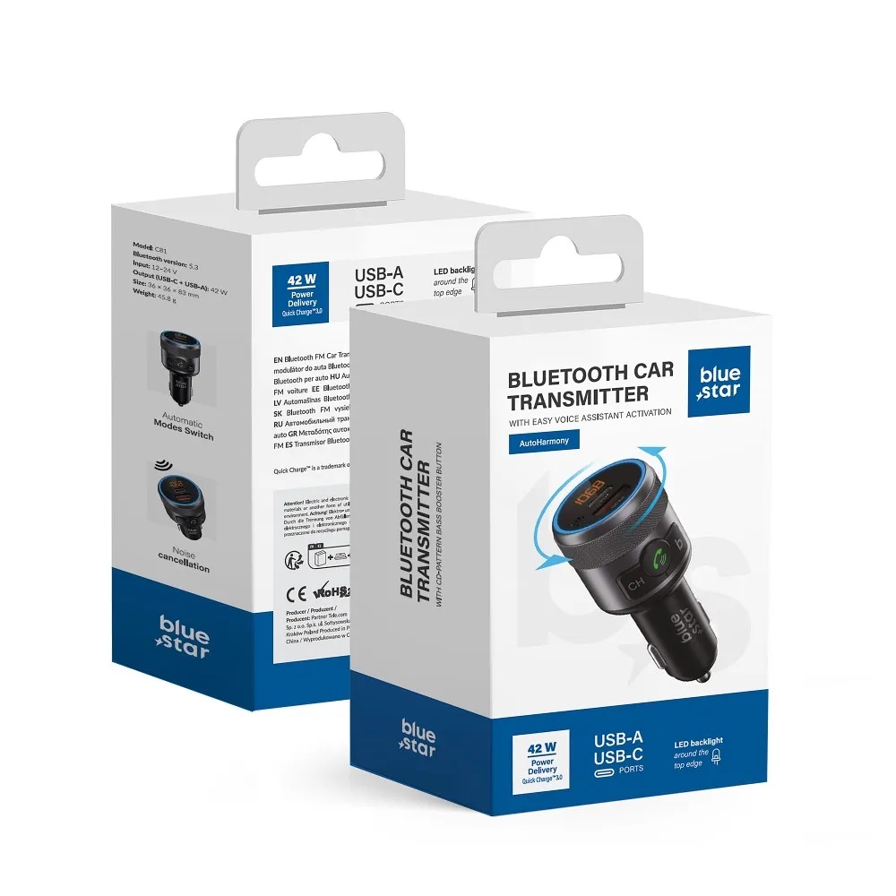 Blue Star transmiter Fm bluetooth QC3.0 Pd 42W AutoHarmony C81 szary