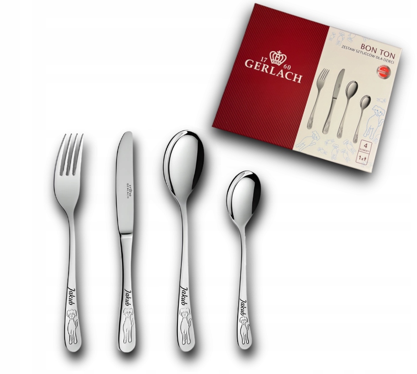 Dětské příbory Gerlach Bon Ton pejsci Gravírování Dárek na křtiny Ráček