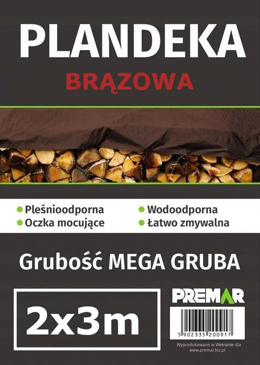 PLANDEKA 2X3M BRĄZOWA SUPER MOCNA OKRYCIOWA WODOODPORNA Z OCZKAMI Producent Premar