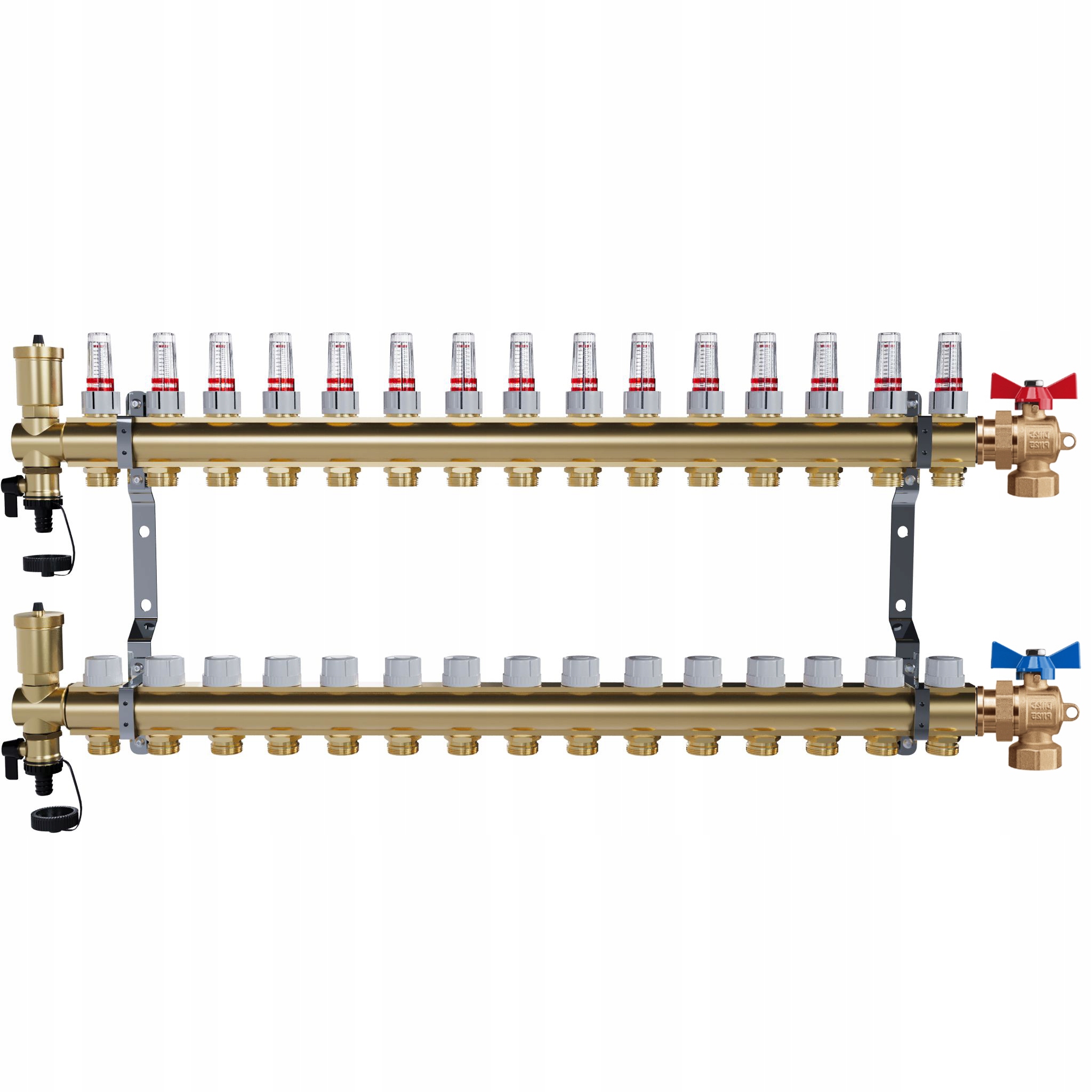 Rozdělovač pro podlahové vytápění – 15 okruhů Úhlové kulové ventily