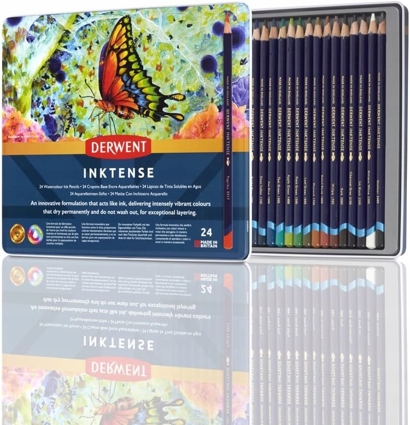 Derwent Inktense 12 kusů akvarelové pastelky kovová krabička