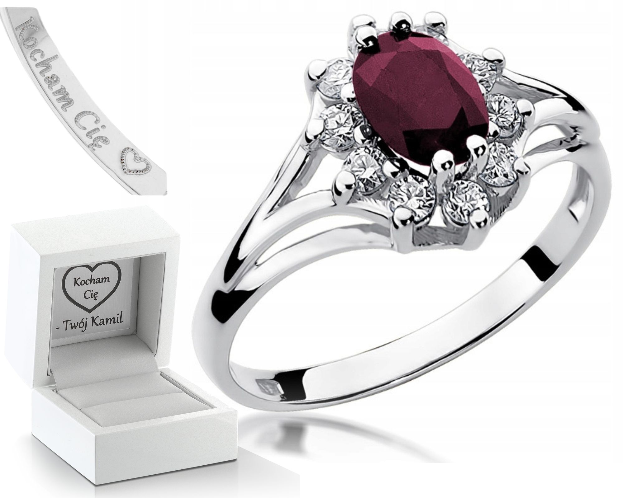 Prstýnek Z Bílého Zlata Rubín Diamanty Gravírování
