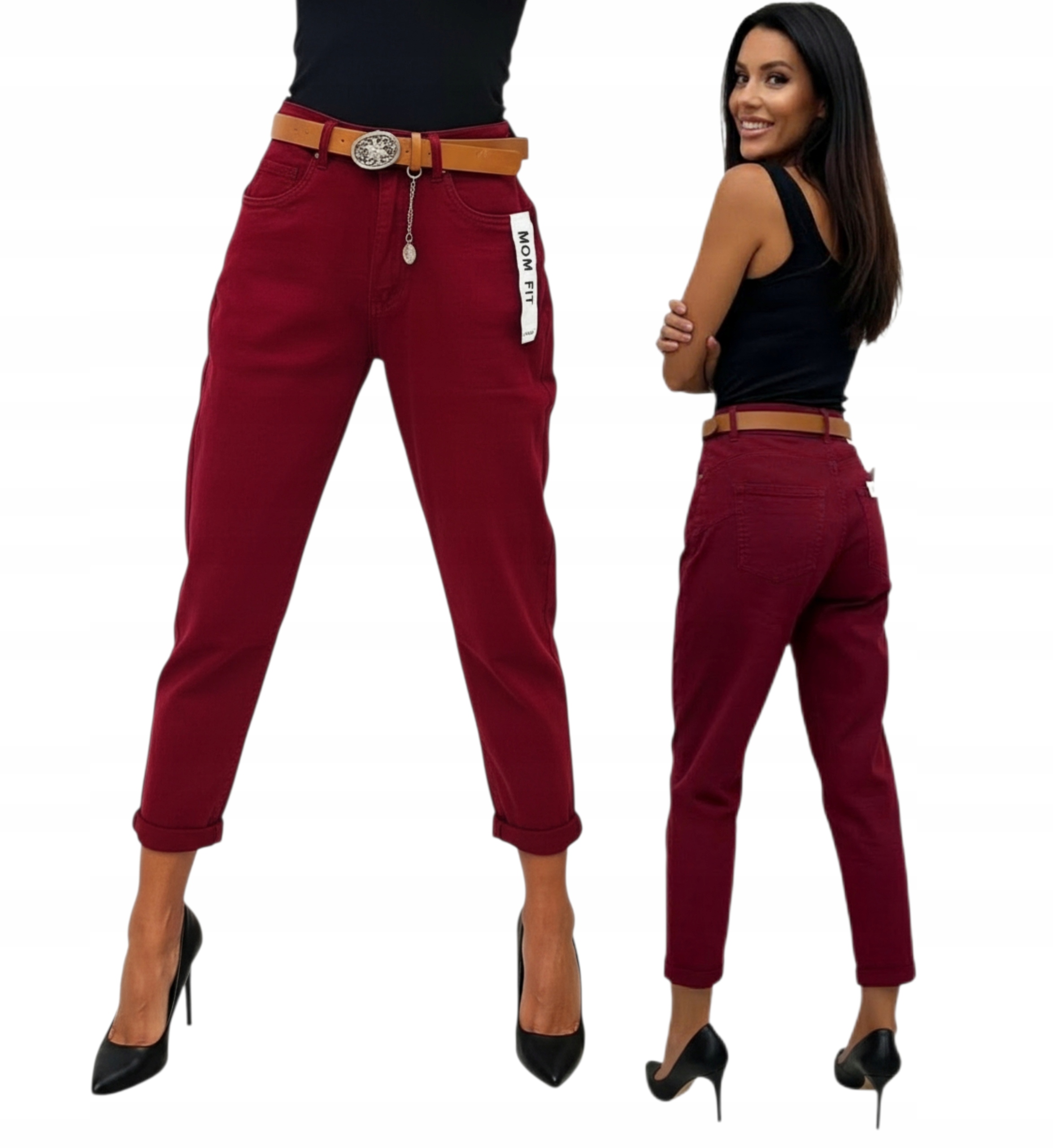 Kobiece Spodnie Z Paskiem Mom Fit Jeans Push Up Plus Size r. XL /42 bordowy
