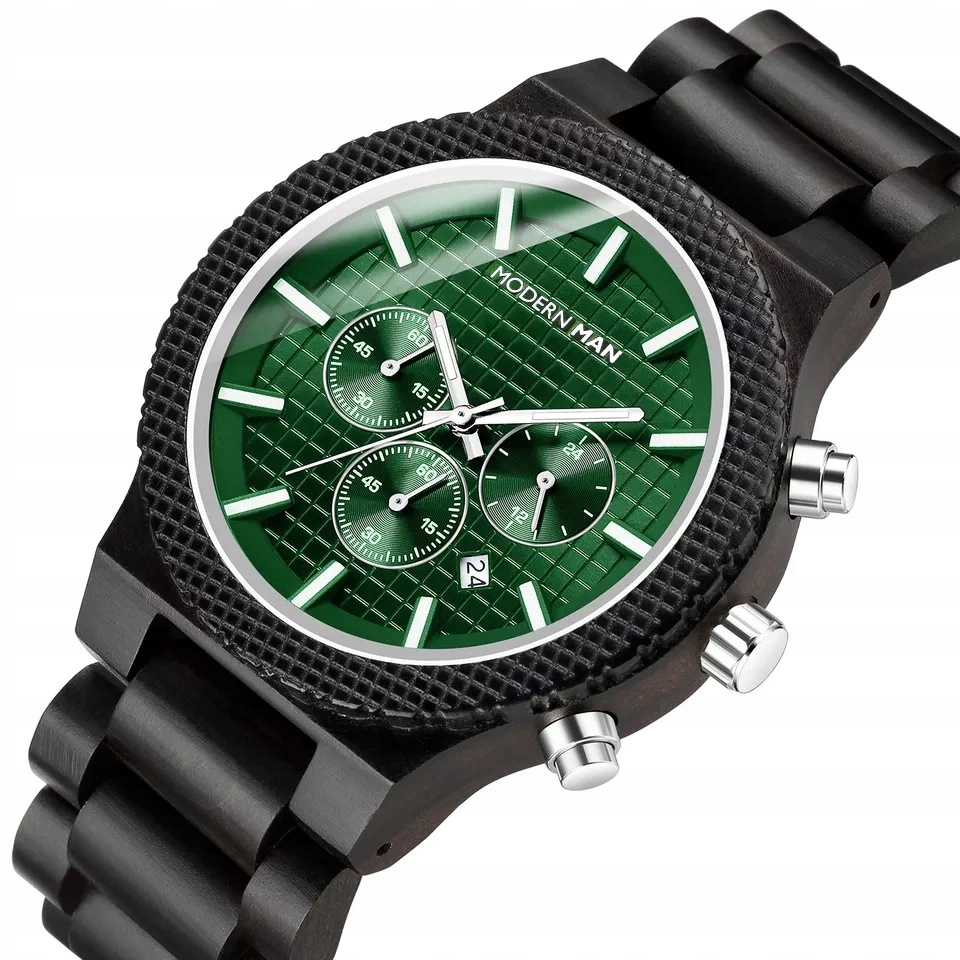 Pánské hodinky Černý Zelený Ciferník Dřevěný OBCHODNÍ+krabička Dárek