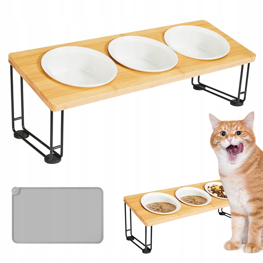 Levně 3 misky o velikosti 13 cm se silikonovou podložkou a stojánkem – pro kočky/psa