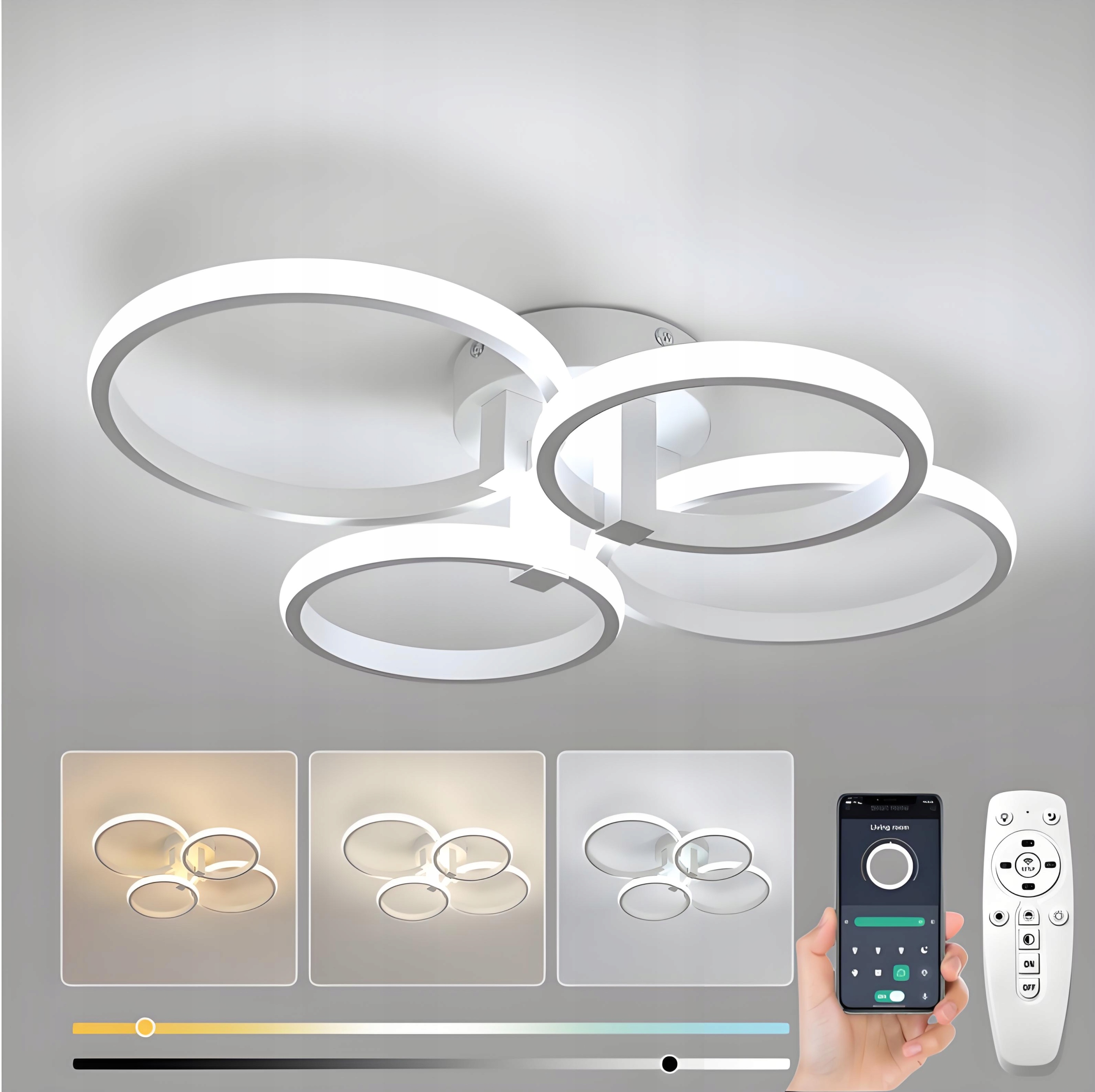 Lampa Sufitowa Led Biały Żyrandol Ring Nowoczesna Salonu Sypialni Pilot App