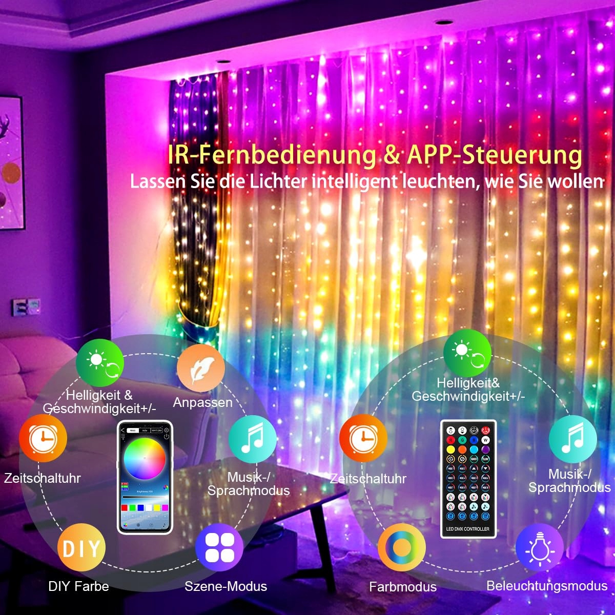 QINER Kurtyna Świetlna 3x3m 300LED Kolor APP Muzyka — miniatura 5