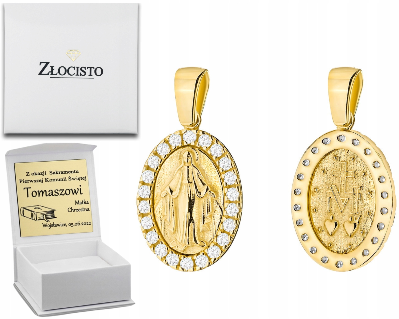 Zlatý Medailonek Přívěsek Zirkony 585 Gravírování Na přijímání jako Dárek Zlato