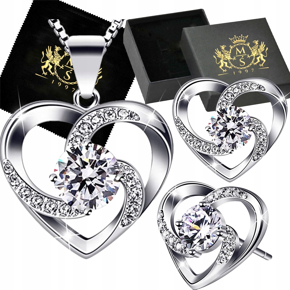 Sada stříbrných šperků Stříbro 925 Srdce Náušnice Přívěsek Sada Dárek