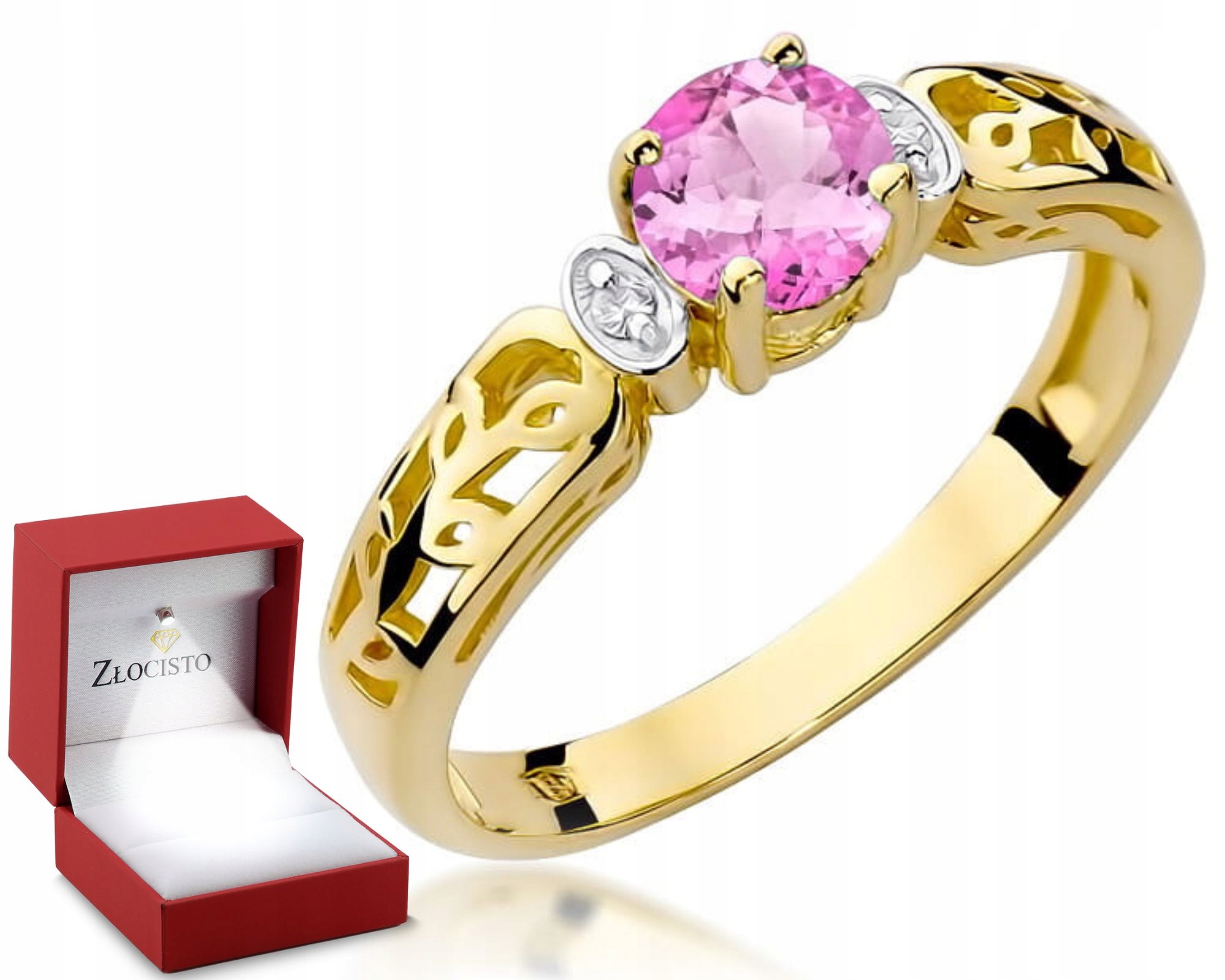 Zlatý Prsten S Přírodním Prstýnek Růžovým Topazem, Diamanty Ryzost 585 Dárek