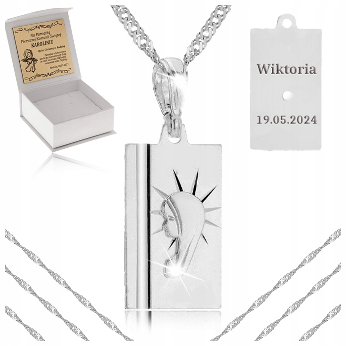 SREBRNY ŁAŃCUSZEK Z MEDALIKIEM PR. 925 PAMIĄTKA I KOMUNII ŚWIĘTEJ + GRATISY