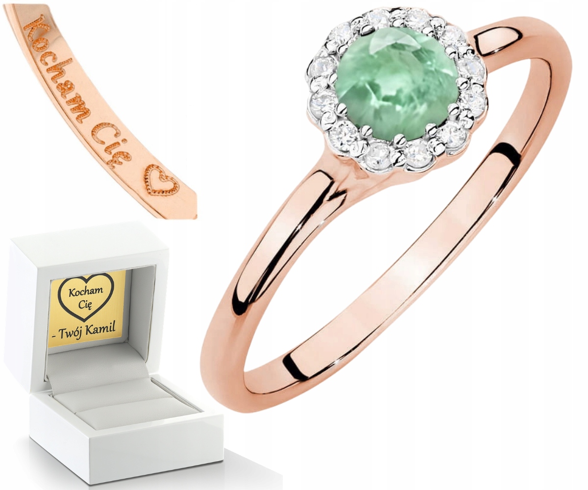 Růžové Zlato Prstýnek Smaragd A Brilianty 585 Zlato Gravírování
