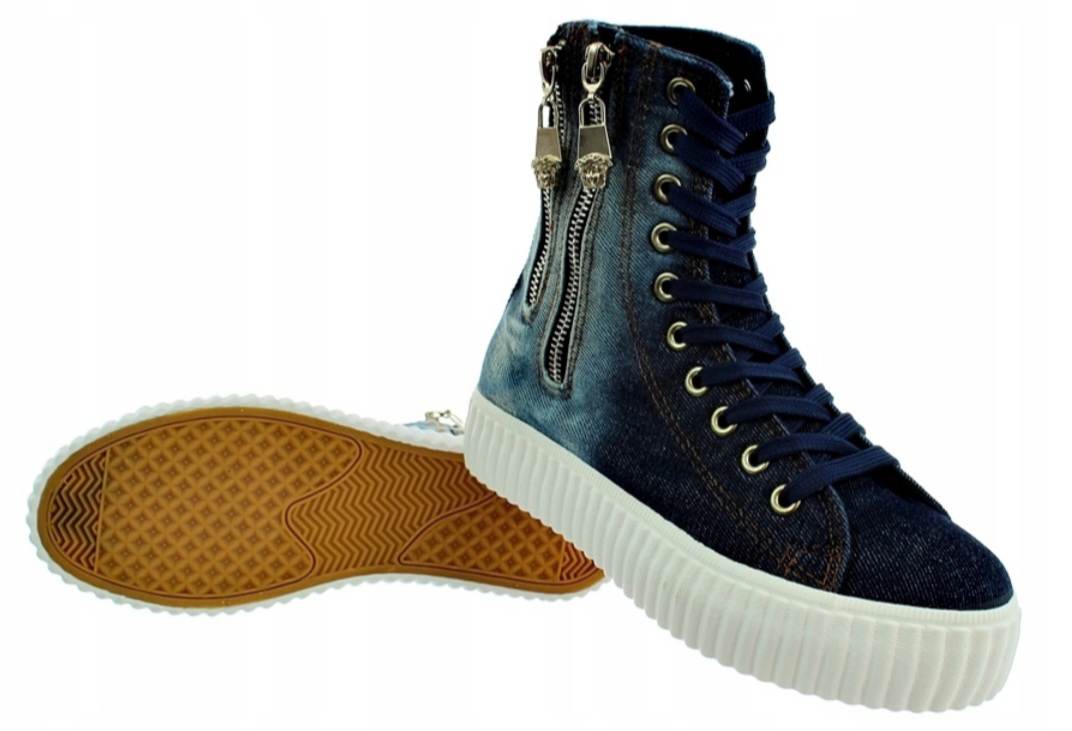 CIEMNE JEANSOWE WYSOKIE TRAMPKI 36 BOTKI Z ZAMKAMI Model 2022