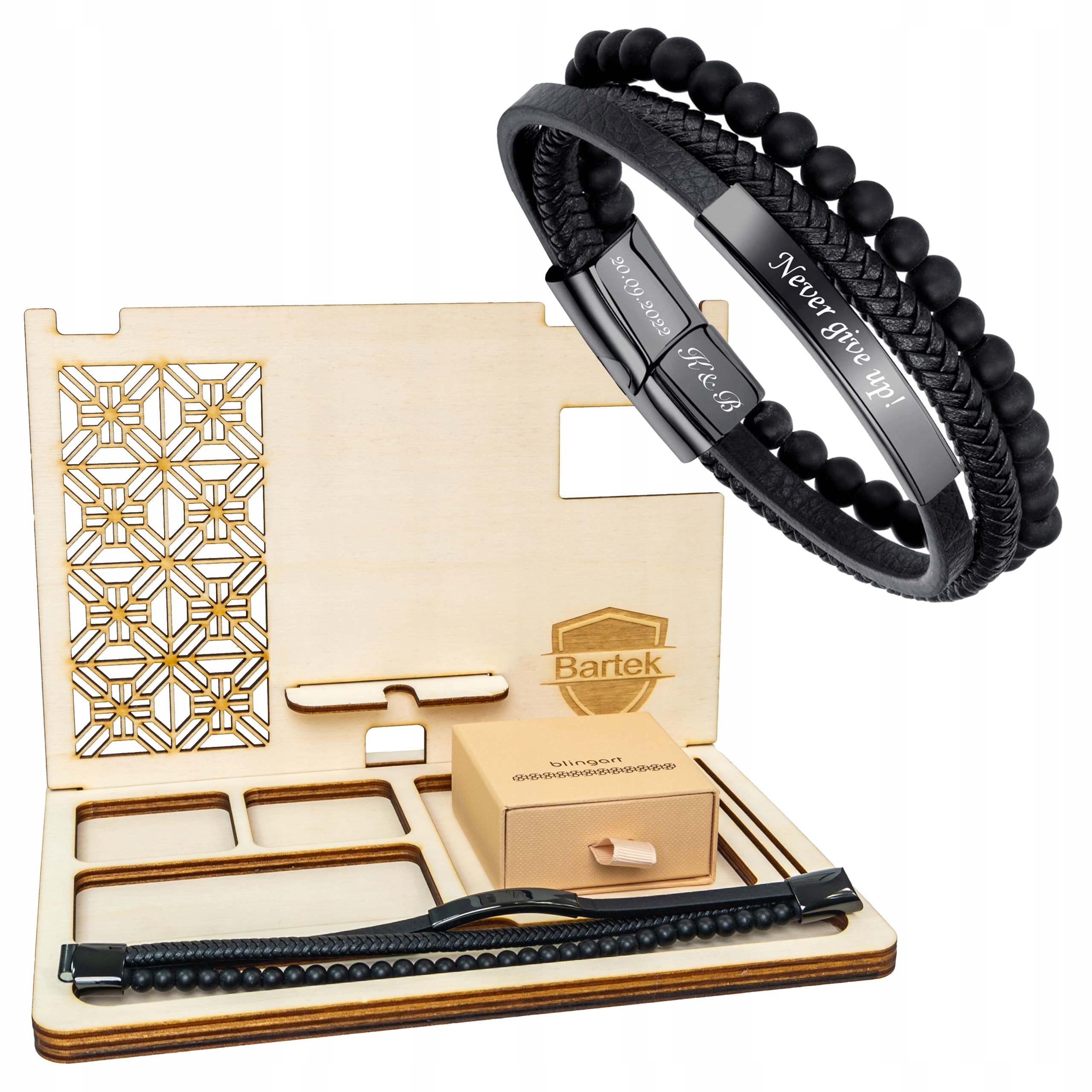 Dárek pro muže – náramek s gravírováním, dřevěný organizér Blingart