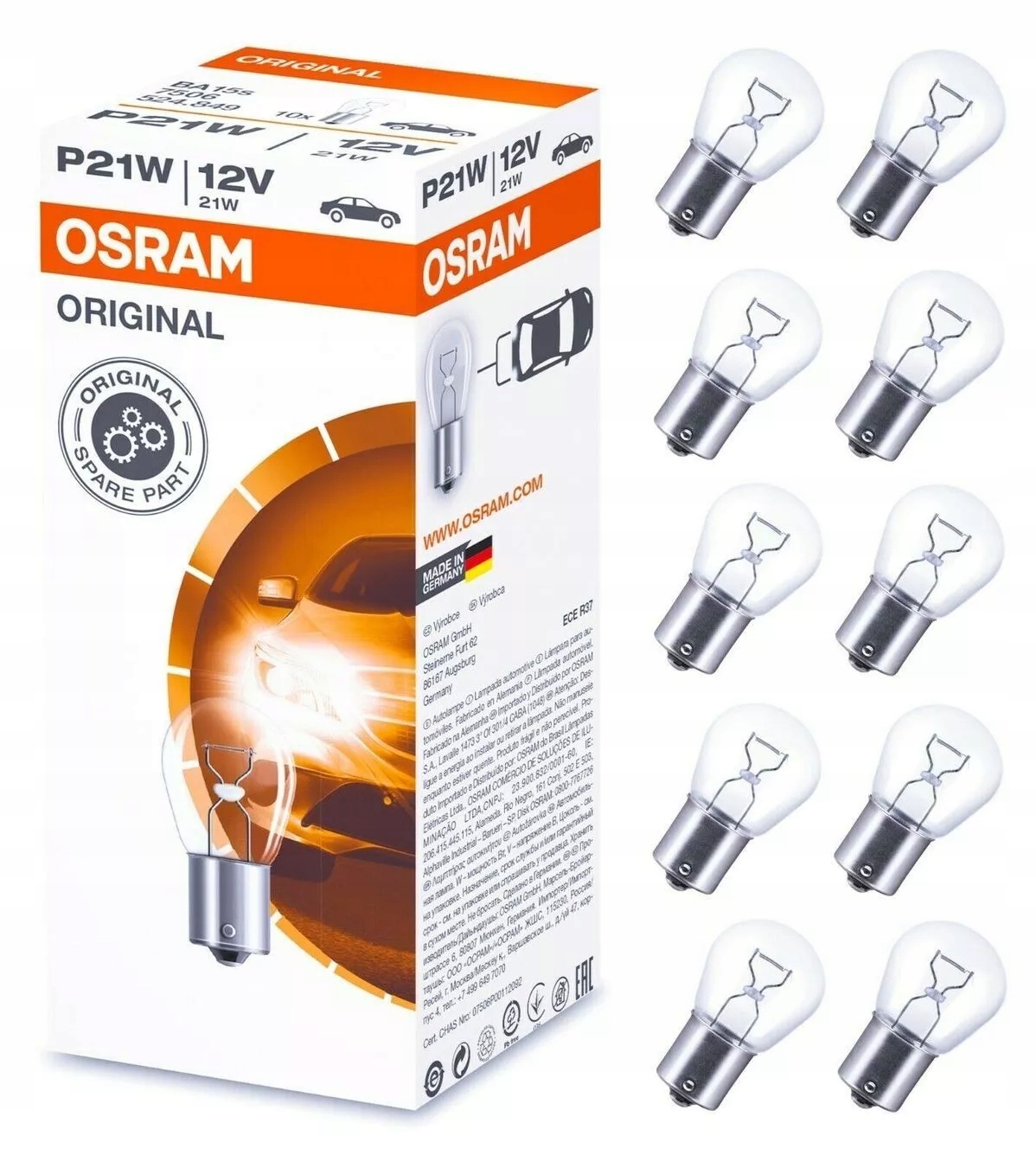 10x Żarówka 12V 21W P21W Osram Original 10 sztuk